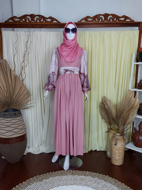 Gamis Bia Linen Combi Pink 1 pink